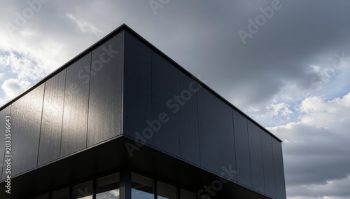 Sharp corner of a modern black building facade with metallic paneling reflecting sunlight against a dramatic stormy gray sky creating a stark architectural contrast