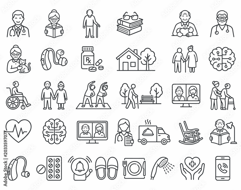 Fototapeta premium A collection of line art icons representing various aspects of elderly care, health, and senior lifestyle, including medical professionals, assistive devices, home comfort, and social activities.