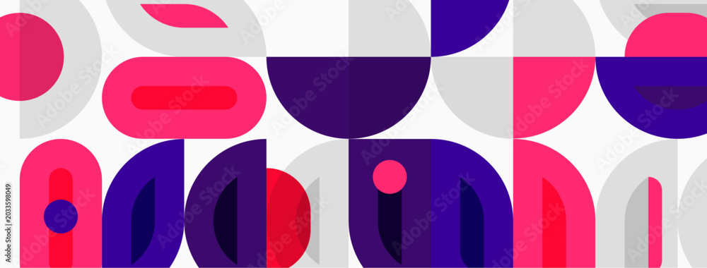 Fototapeta premium Abstract geometric pattern. Overlapping circles, semicircles create playful composition. Pink, purple, gray hues dominate design.