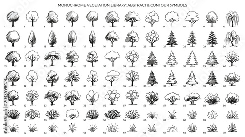 Set of monochrome vegetation symbols, abstract tree and shrub icons for architectural landscape design