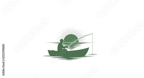 Canvas Print Fisherman Silhouette in Boat at Sunset, Fishing Rod Cast into Water, Calm Lake R