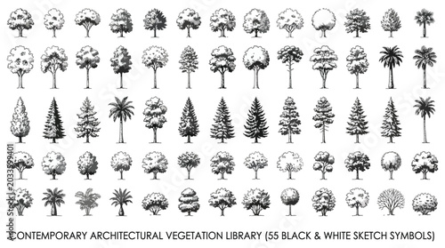 Set of 55 black and white architectural tree sketches for landscape design