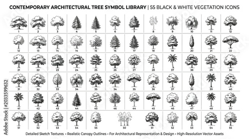 Set of 55 architectural tree symbols for landscape design and architectural site plans