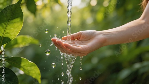 Fresh clear water pouring into human hand surrounded by green leaves in nature, purity, hydration, health, wellness, eco-friendly, sustainability, environmental protection,