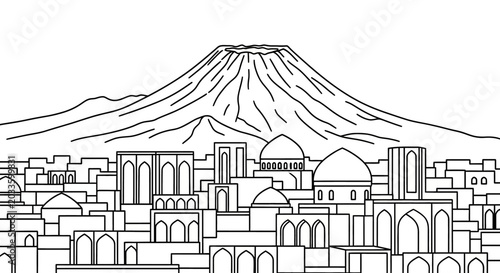 Illustrated Ancient City with Towering Mountain Backdrop.