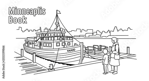 Vintage Boat Line Drawing With Minneapolis City Skyline.
