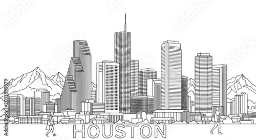 Detailed Houston City Skyline Line Art Illustration.