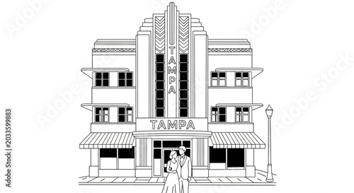 Vintage Art Deco Tampa Building Line Drawing Illustration.