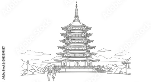Traditional Asian Pagoda Illustration with Nature Scenery.