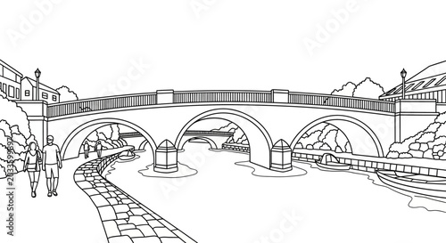 Historic stone bridge over scenic urban river illustration.