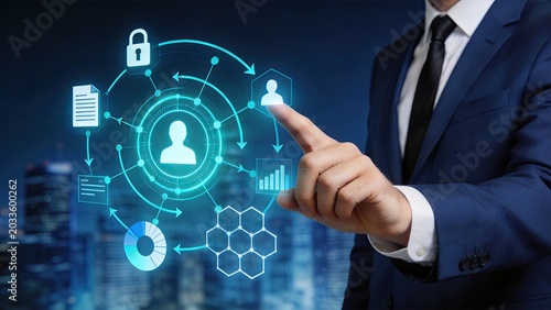 Businessman interacting with user profile data network interface, cybersecurity lock icon, document files, bar charts, pie graph analysis, hexagon structure, identity management,