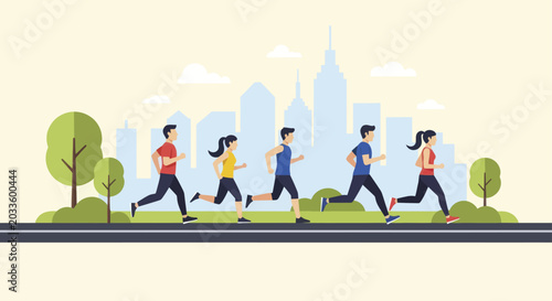 Fotografie Diverse group of people jogging together outdoors.
