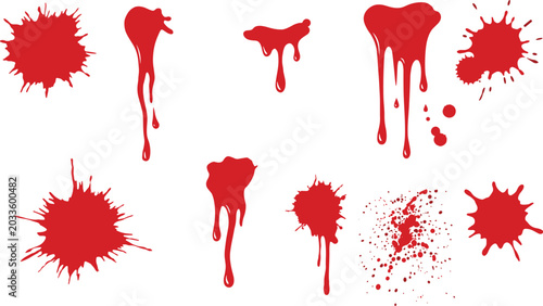 Red blood splatters and drips isolated on transparent background graphic elements for design and horror themes.
