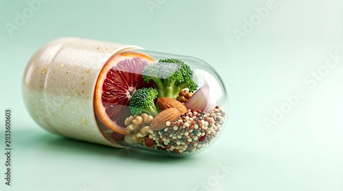 Natural vitamin supplement capsule with fresh fruits and vegetables