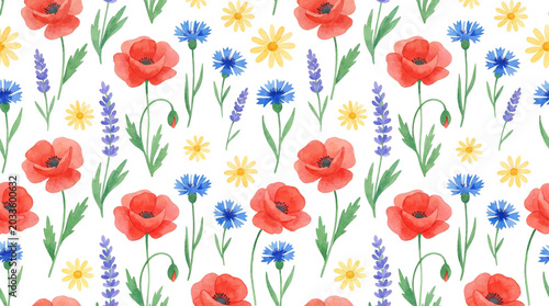 Floral Pattern with Poppies Cornflowers and Lavender.