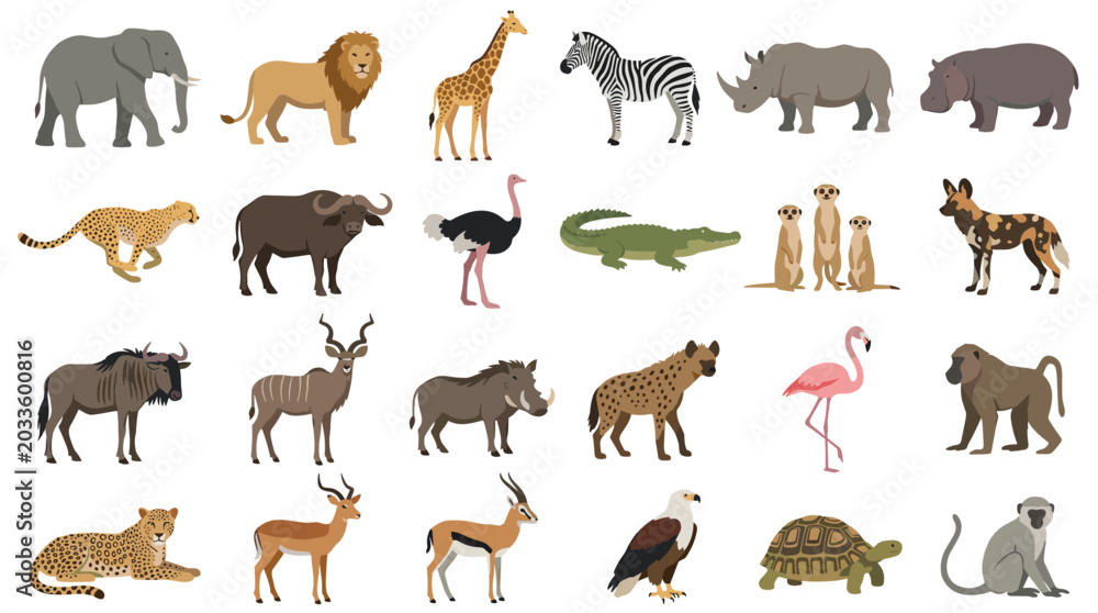 Obraz premium Collection of African Wildlife Animals in a Vibrant Cartoon Style