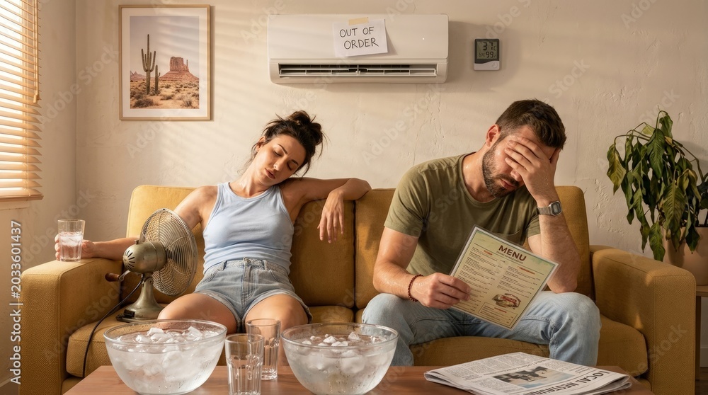 Obraz premium A frustrated couple endures an oppressive summer heatwave, struggling with a broken home air conditioner, finding minimal warmth relief with ice water and an old fan