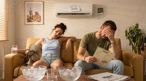A frustrated couple endures an oppressive summer heatwave, struggling with a broken home air conditioner, finding minimal warmth relief with ice water and an old fan