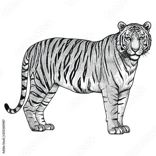 Photography Black and white illustration of tiger isolated on white background