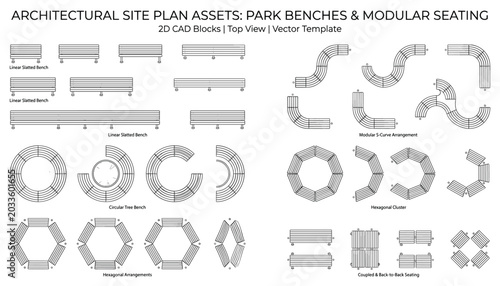 Architectural site plan assets for park benches and modular seating vector illustration, top view, transparent.