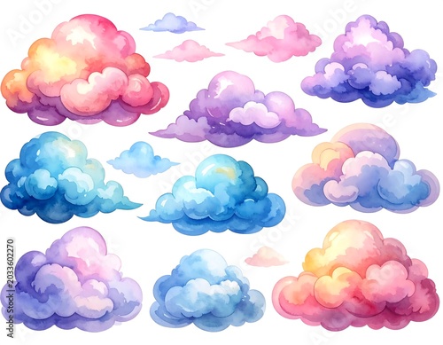 Colorful Fluffy Watercolor Clouds Floating on White Background