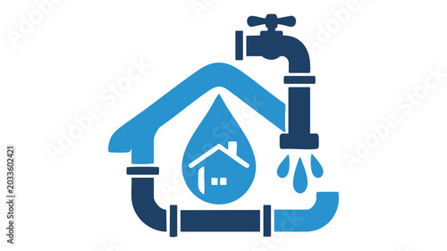 Home Plumbing System Logo Icon with House Silhouette, Water Drop, Faucet, and Pipes Illustrating Water Supply and Repair Services.