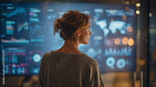 Female CEO overseeing project progress on a digital dashboard, leaving space in the top-left.