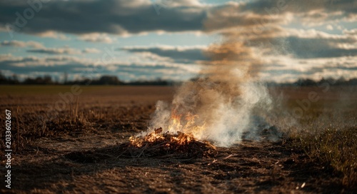 Small pile of burning combustible material on dry ground with billowing smoke under stormy sky
