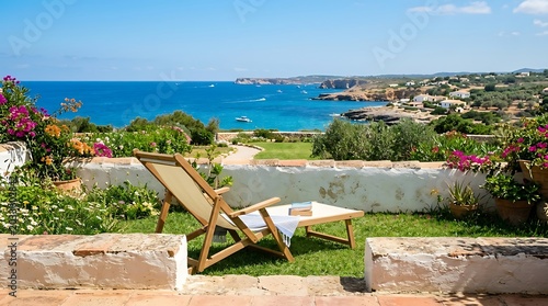 A bright, sunny-day photograph of a classic folding sun lounger with a natural wood frame and off-white sling, sitting on a lush lawn behind a white low wall, with the Mediterranean Sea and a clear bl