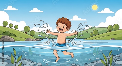 Happy child playing in lake water.