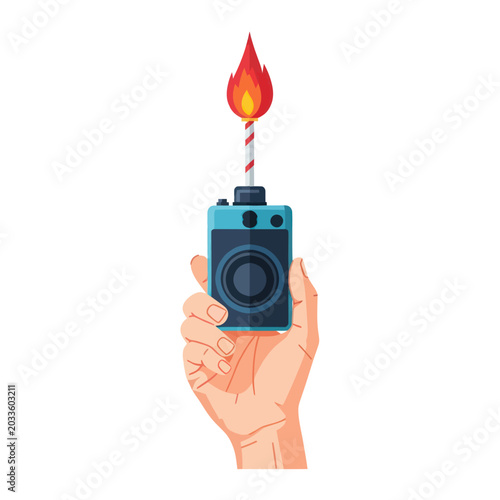 Foto Hand holding burning camera device.