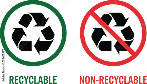 Obraz na płótnie Recyclable and non recyclable icons, recycling prohibition symbols vector isolat