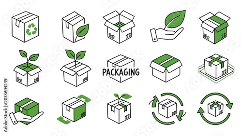 Eco-Friendly Packaging and Sustainable Shipping Solutions with Green Leaves and Recycle Symbols.