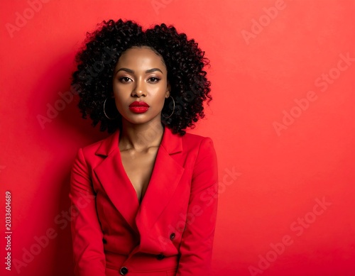 Confident Young Woman in Red Blazer Posing Against Vibrant Red Studio Background