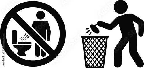 Foto Public safety prohibition icons, toilet misuse and trash disposal symbols vector