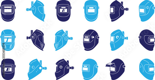 Tableau sur toile Welding masks collection: assorted safety helmets for welders with equipment pro
