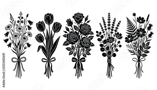 Set of black floral bouquets with bows and leaves isolated on transparent background vector graphic elements.