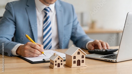 Real estate agent signing contract at desk with wooden house models, property investment management, mortgage loan calculation, home buying selling process, financial planning for