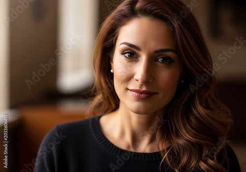 Portrait of a smiling woman with long dark hair indoors.