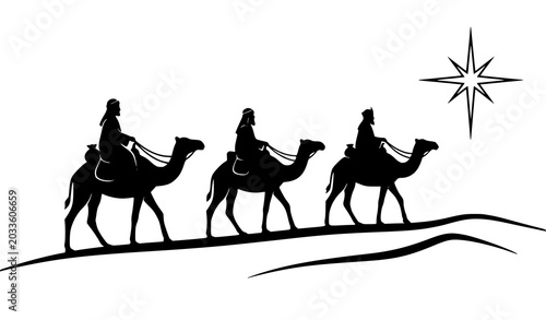 Photos Three Wise Men on Camels Nativity Silhouette Vector Illustration