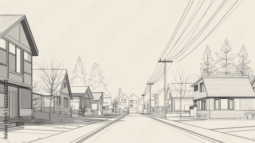 Fototapeta premium 102.Vector line art cityscape showing a quiet neighborhood street, varied building outlines, clean minimal strokes, suburban town illustration