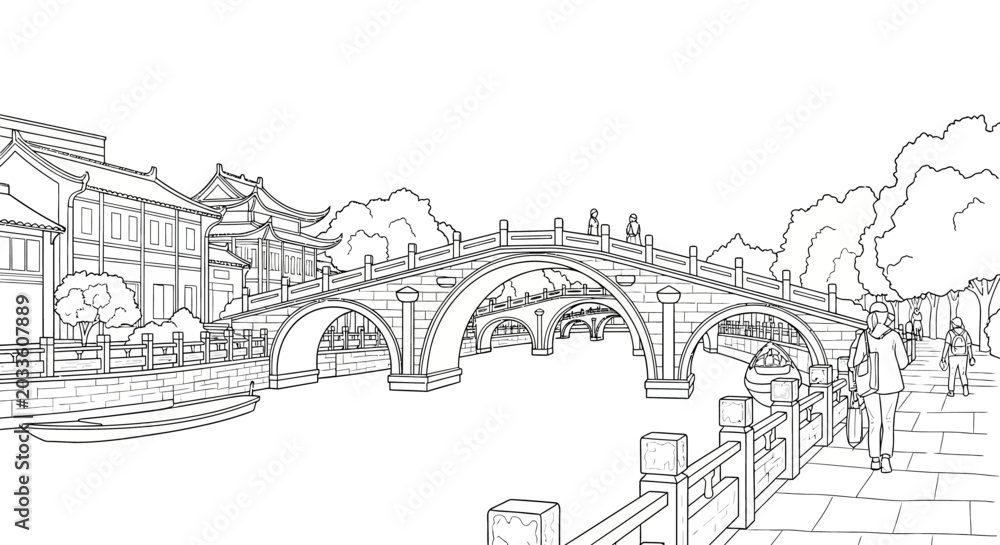 Obraz premium Historic Stone Bridge Over Scenic Urban Canal Sketch.