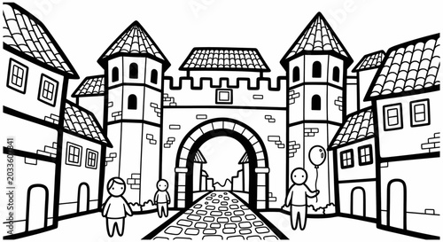 Illustrated Medieval Castle Gate with Pedestrians Inside Town.