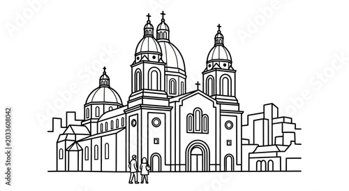 Detailed illustration of grand cathedral with domes and arches.