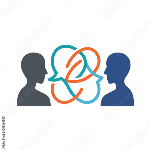 Two human head silhouettes facing each other with intertwined orange and blue abstract lines, illustrating complex communication, exchanging difficult ideas, debate, and intricate problem solving.