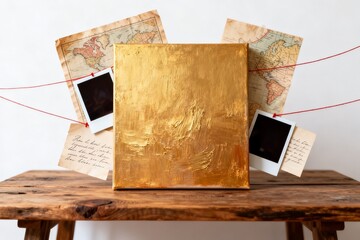 Golden canvas with maps and photos on table