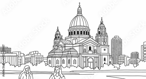 Detailed Line Drawing of Historic Cathedral and Cityscape.