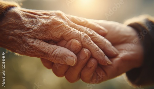 Two hands, one young and smooth with light skin and the other aged with wrinkled, textured skin, gently holding each other in a warm gesture