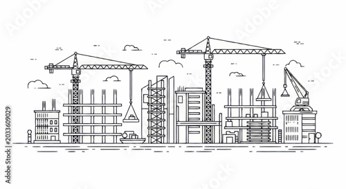Photos Construction site with cranes and buildings under development.