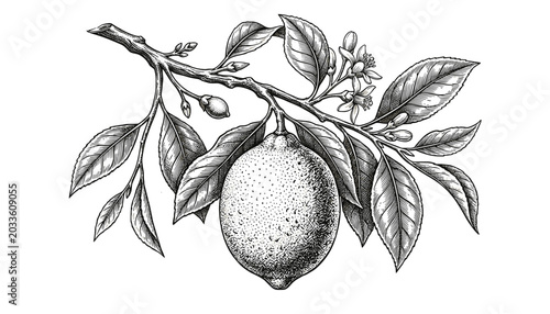 Detailed engraving illustration of a lemon on a branch with leaves and flowers isolated on transparent background vector art.